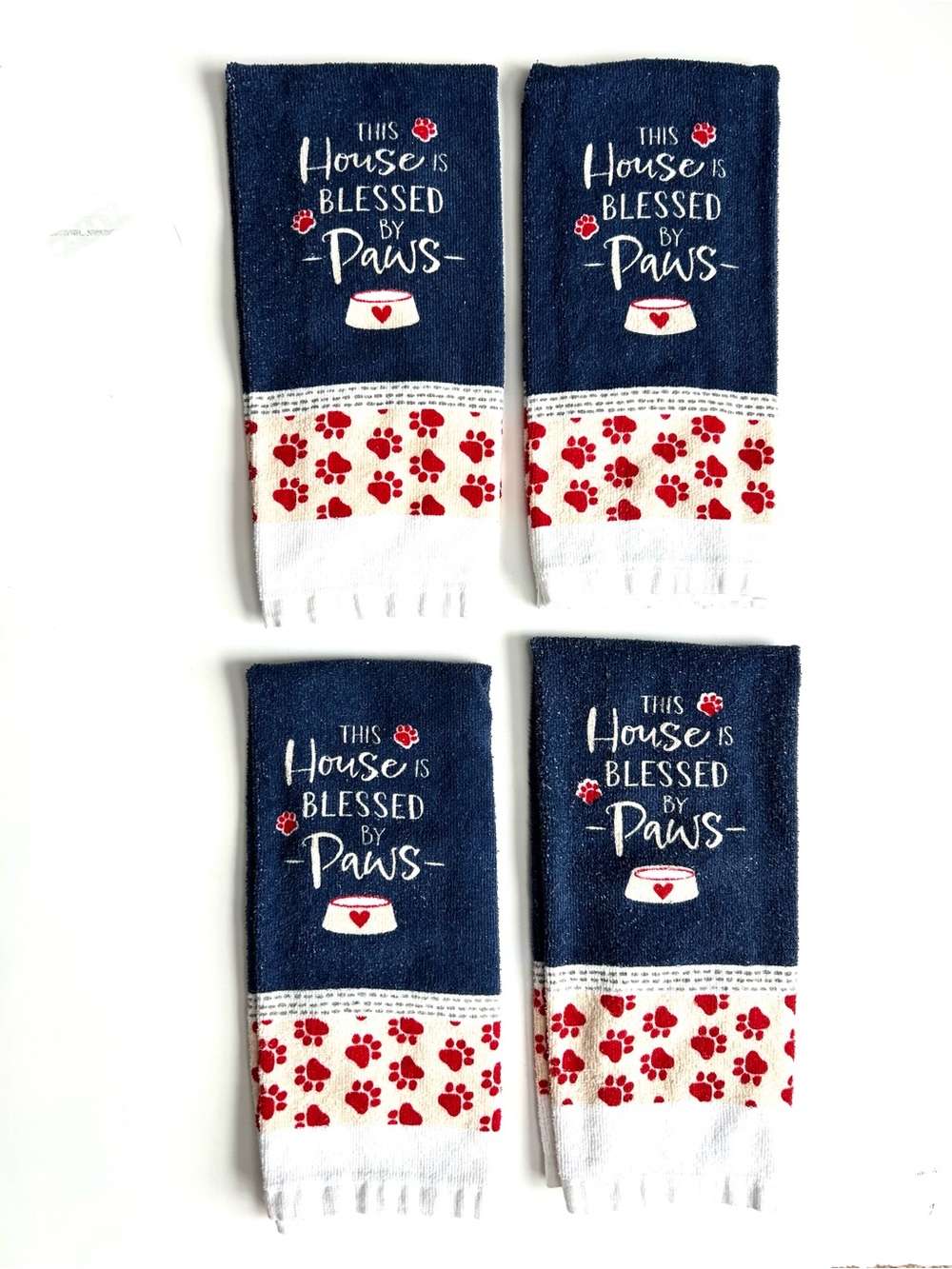 Set of 4 Blue & White 'This House Is Blessed by Paws' Hand Towels